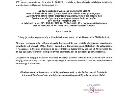 Budowa gazociągu wysokiego ciśnienia w Albigowej i Wysokiej – obwieszczenie o lokalizacji inwestycji