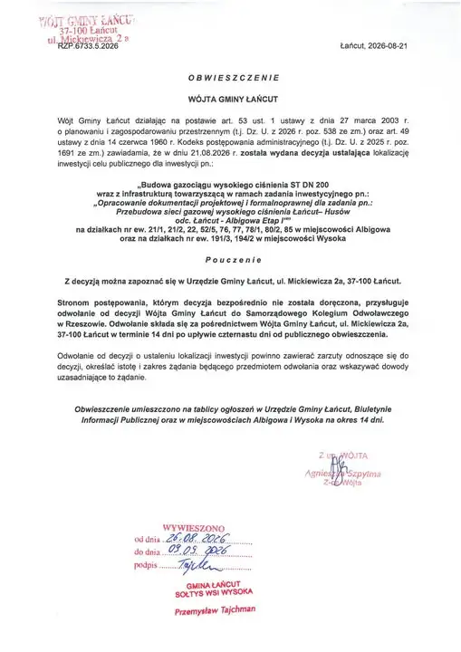 Budowa gazociągu wysokiego ciśnienia w Albigowej i Wysokiej – obwieszczenie o lokalizacji inwestycji
