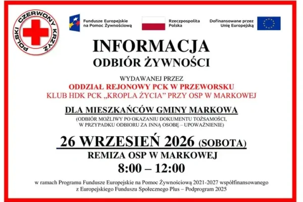 Odbiór żywności dla mieszkańców gminy Markowa – 26 września w remizie OSP