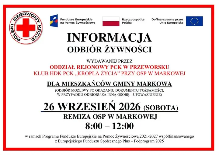 Odbiór żywności dla mieszkańców gminy Markowa – 26 września w remizie OSP