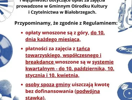 Opłaty za zajęcia w GOKiC w Białobrzegach – przypomnienie zasad