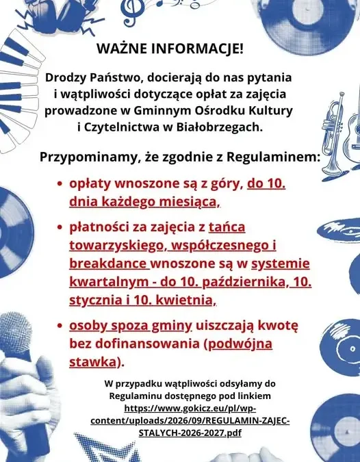 Opłaty za zajęcia w GOKiC w Białobrzegach – przypomnienie zasad