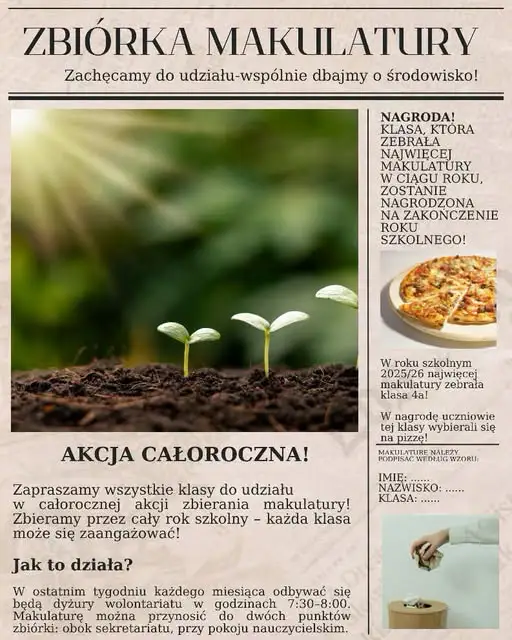 Szkoła ogłasza całoroczną zbiórkę makulatury – klasy rywalizują o nagrodę