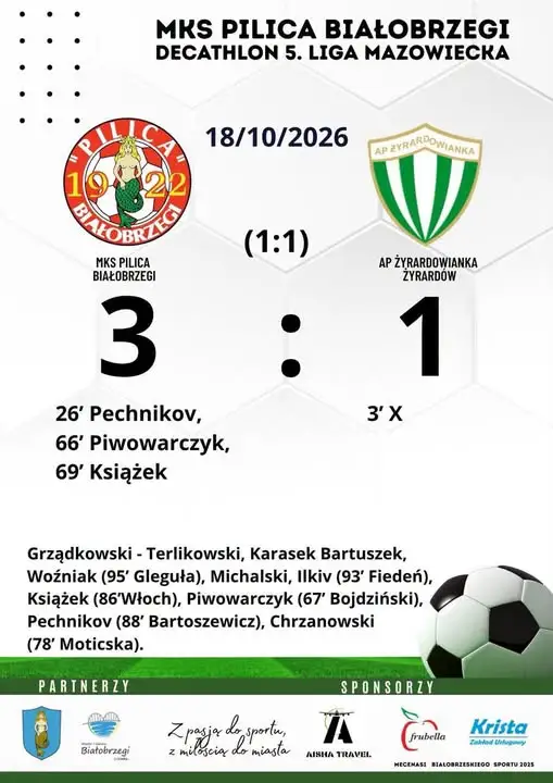 Pilica Białobrzegi wygrywa z Żyrardowianką 3:1 w 5. lidze mazowieckiej