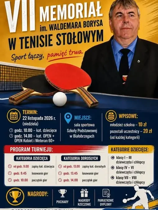 VII Memoriał im. Waldemara Borysa w tenisie stołowym – Białobrzegi, 22 listopada 2026