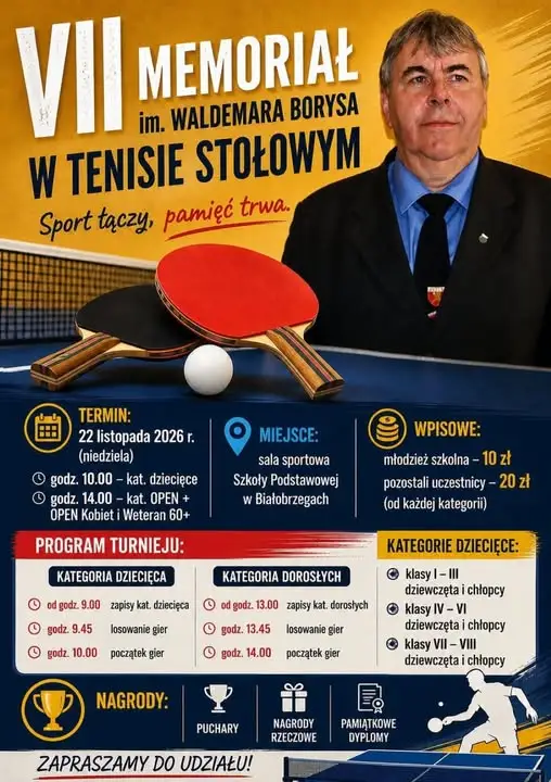 VII Memoriał im. Waldemara Borysa w tenisie stołowym – Białobrzegi, 22 listopada 2026