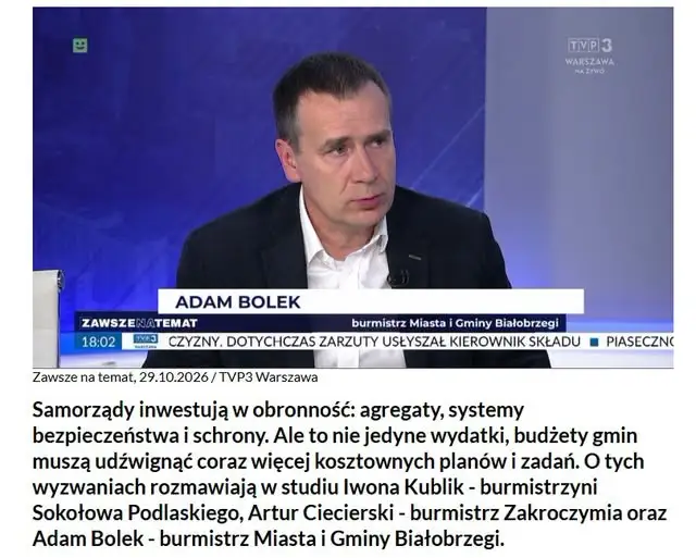 Burmistrz Białobrzegów w TVP3 Warszawa o obronności cywilnej małych samorządów