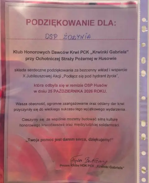 OSP Żołynia na jubileuszowej akcji „Hydrant Życia” w Husowie